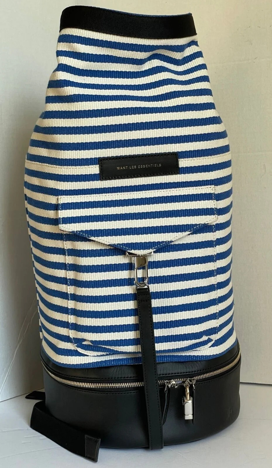 Want Les Essentiels Backpack XL Blue Duffel Top Load EPPS Stripe Canvas/Leather