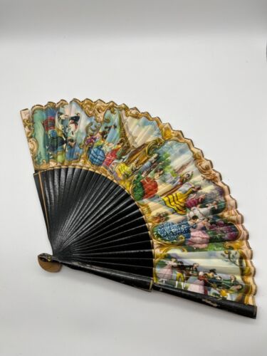 Vintage antike handbemalte Papierfan spanische Flamencoszene