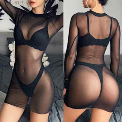 Sexy Transparentes Netzgarn Langarm Crop Top Damen   Mini Kleid Dünnes Shirt