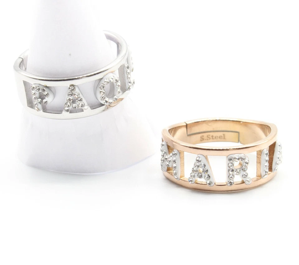 anello con nome regalo donna scritta strass fascione fascetta veretta in acciaio - Immagine 3 di 4