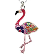 Pink Flamingo Pendant Necklace Artistic Design with 24" Chain Gift Boxed