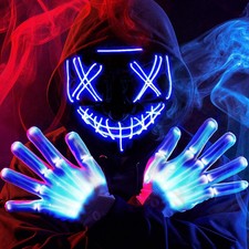 Halloween Led Mask, Light Up Mask and Gloves for Cosplay Costume Blue , 3 Modes