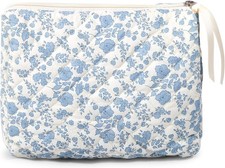 Makeup Bag Large Travel Quilted Cosmetic Organizer, Blue Floral