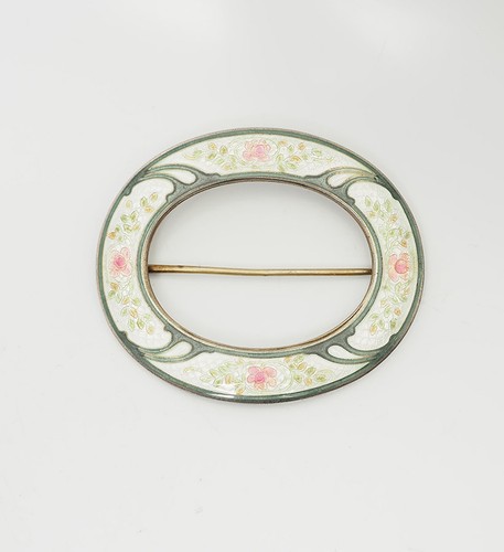 Charles M Robbins antique gilt sterling silver cloisonne enamel large oval pin