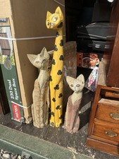 Set of 3 Large Hand Carved Wooden Cat Ornaments Figures Folk Art