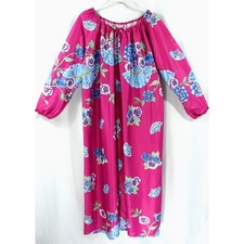 Vintage Handmade Asian Floral Fans Caftan Muumuu Boho Hippie Dress M 1970s