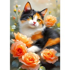 5D Colorful Cat Diamond Art Kits, Round Full Drill Flowers Diamond Painting Pict
