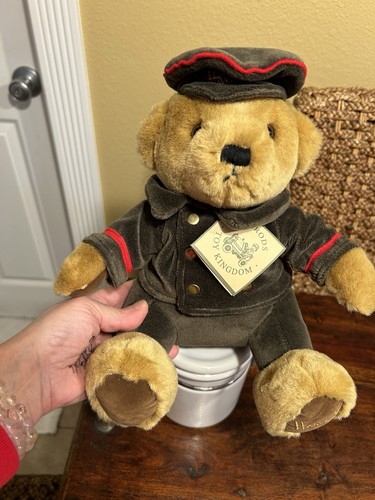 Harrods Knightsbridge Brown Teddy Bear Green Doorman Suit with Tag, Vintage 10”