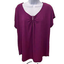 Tahari Blouse Womens Large Short Sleeve V Neck Casual Dress Stretch Fuchsia Pink