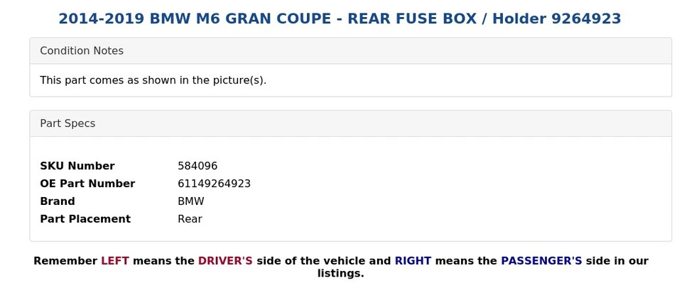 2014-2019 BMW M6 GRAN COUPE - REAR FUSE BOX / Holder 9264923 - Image 4 of 4