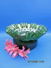 Vintage Green Carnival Glass Bowl Featuring a Coin Dot Pattern with Ruffled Edge