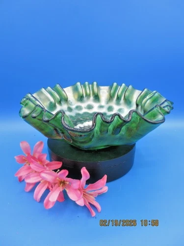 Vintage Green Carnival Glass Bowl Featuring a Coin Dot Pattern with Ruffled Edge