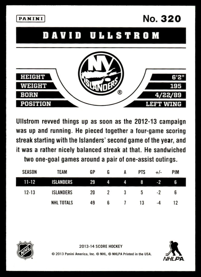 2013-14 Score Gold David Ullstrom New York Islanders #320 - Image 2 of 2