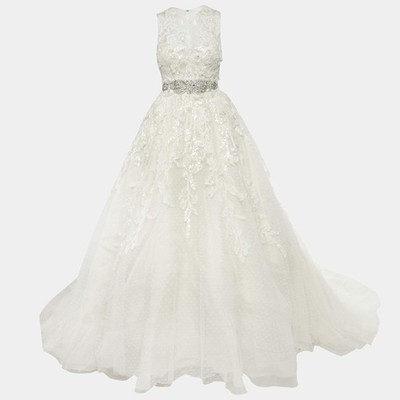 Elie By Elie Saab White Floral Embroidered Tulle Wedding Gown M