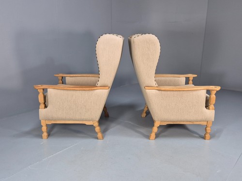 Vintage Wingback Chairs Henning Kjaernulf Oak Beige Orange Striped EB9923 VCLO - Picture 12 of 19
