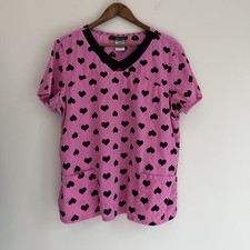 HeartSoul Scrub Top XL Pink Black Heart Print Swiss Dot V-Neck Nurse