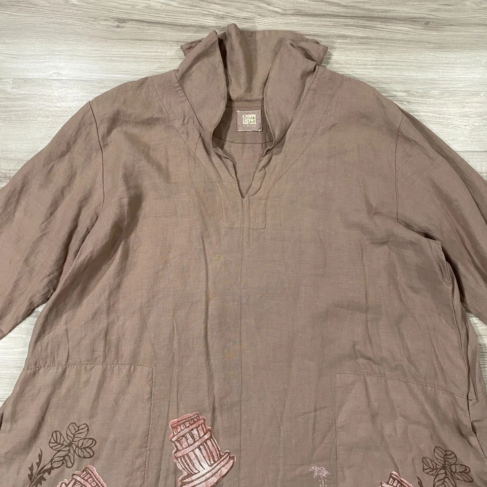 Vintage Blue Fish Clothing Linen Top Dress Womens Size 2 Art Lagenlook USA Made - Image 2 of 4