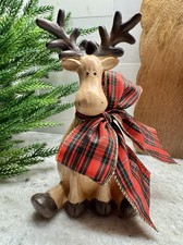 New Rustic Carved Look Resin Reindeer w/ Plaid Bow Christmas Decor Figurine - 8