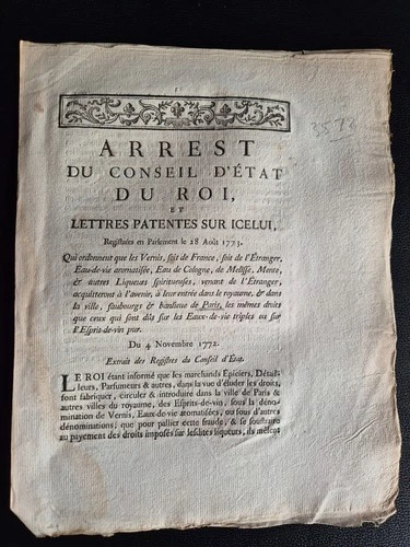 DOC ANCIEN 1773 EAU DE COLOGNE Parfumeurs Liqueurs Alcool Taxe Paris Louis XV