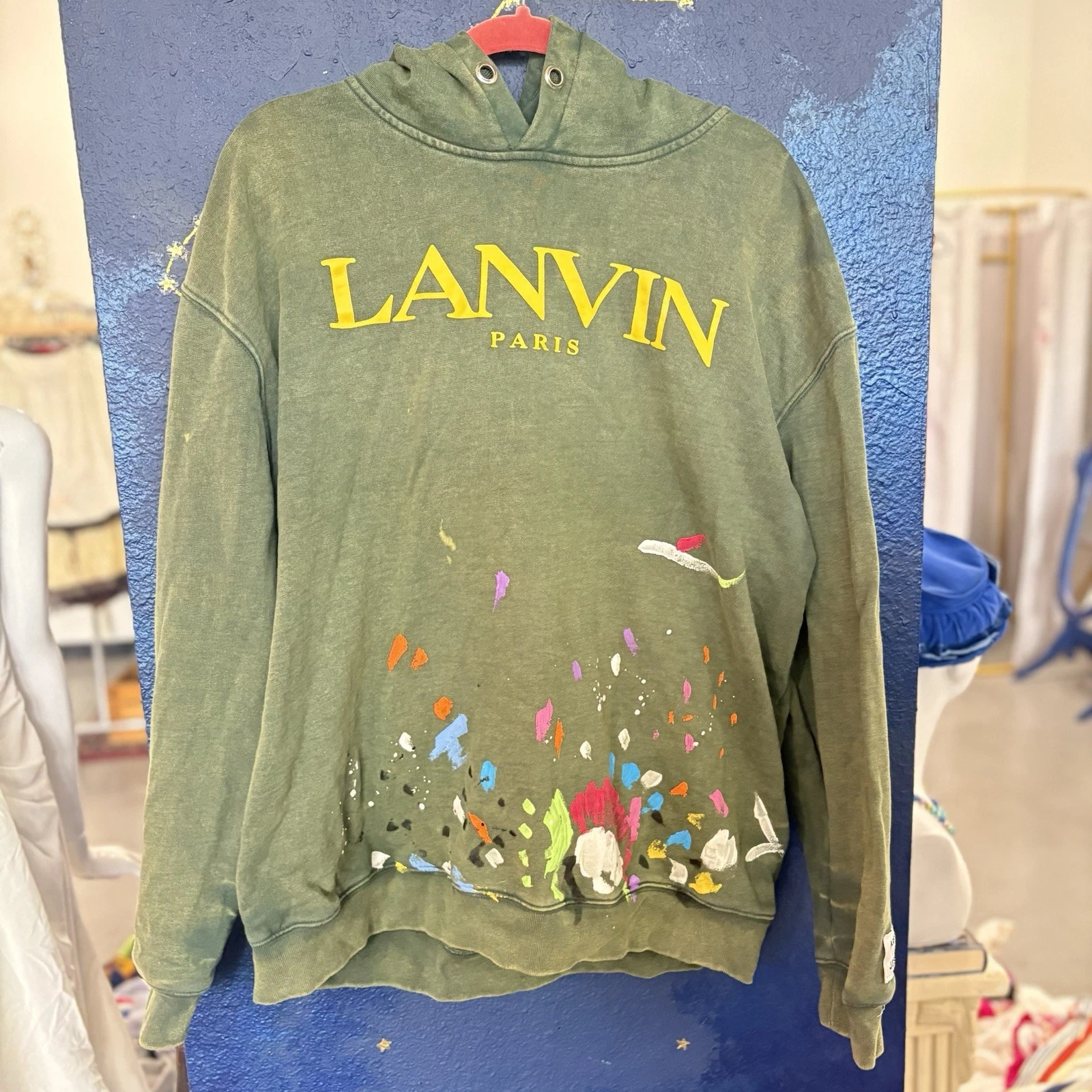 Lanvin — Authentic Gallery Dept X Lanvin Green Cotton Hoodie Size: XL Paint Worn Effects