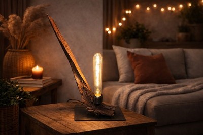 Handmade Design-Lampe aus Naturholz & Metall   echtes Unikat
