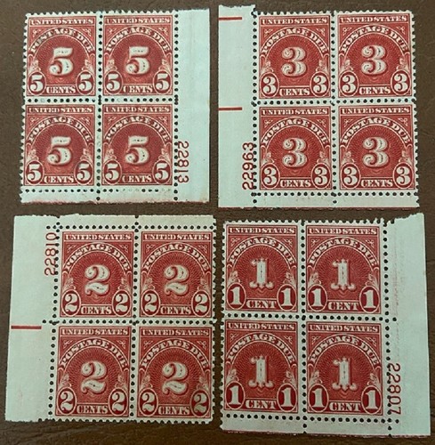 USA Briefmarken Scott Katalog #J80-J83 nummerierte Viererblöcke!