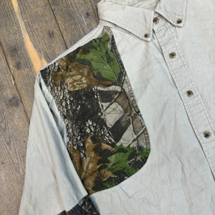 Winchester Real Tree Shirt Y2K USA Camo Army Button Down Top, Beige, Mens XL image 4