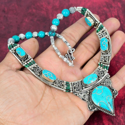 Collar nepalí joyería plata esterlina 925 piedras preciosas turquesa dormida para regalo - Imagen 6 de 6