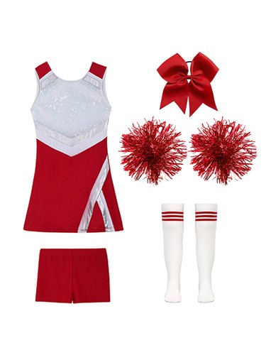 US Kids Girl Cheerleading Outfits Uniforms With Pom Poms Headwear Dance Outfit - Picture 51 of 70