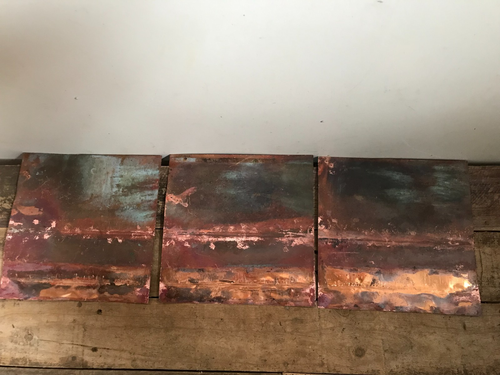 3 verkupferte Blech STAHL Kupferschmiedeschrott natürliche Patina Farben Grünspan (T - Bild 3 von 7