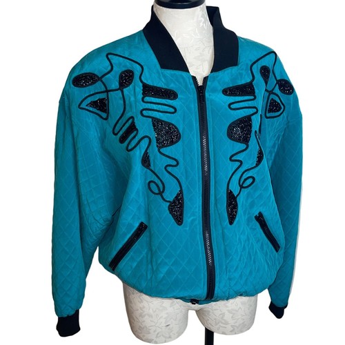 Kansai Yamamoto, Kansai Yamamoto Quilted Bomber Jacket Vintage Beaded Womens Size M Blue 80s Mod