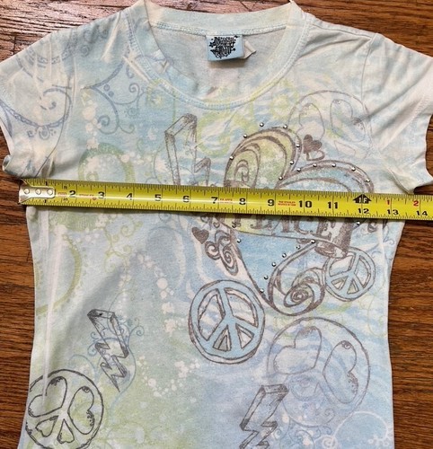 Girl's Blue Graphic Tee "Peace" Flowers Gypsy Doll Medium 10/12 VGUC - Picture 4 of 7