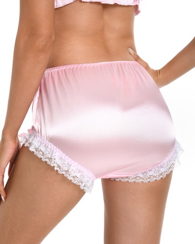 Satini Frilly Lace Sissy Silky Satin Adult Diaper Cover Briefs Lingerie Panties - Picture 11 of 12