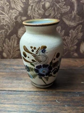 Vintage Pottery Vase Tonala Mexico Folk Art Sandstone Blue Bird Flower Signed