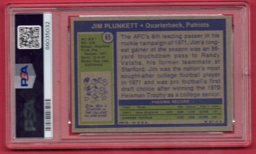 1972 Topps #65 Jim Plunkett Rookie RC Patriots Pats QB PSA 5 EX Football Card - Picture 2 of 4