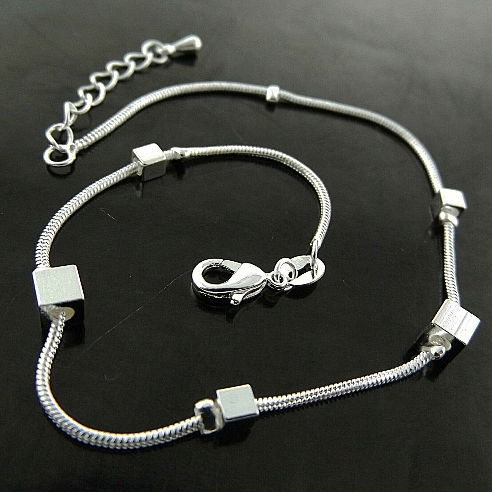Anklet XL Bracelet 925 Sterling Silver Filled Ladies Snake Cube Bead Charm-image