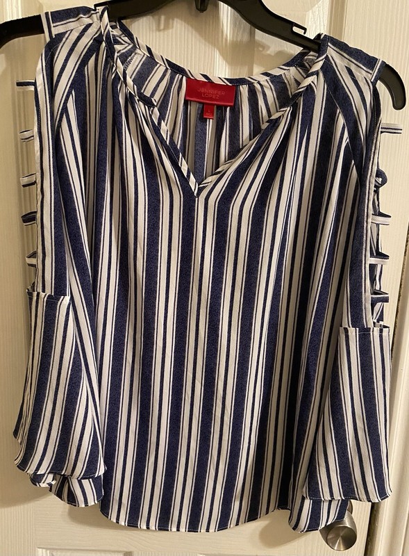 Jennifer Lopez Blouse Women’s Blue & White Striped V Neck Lattice Sleeve, Size L