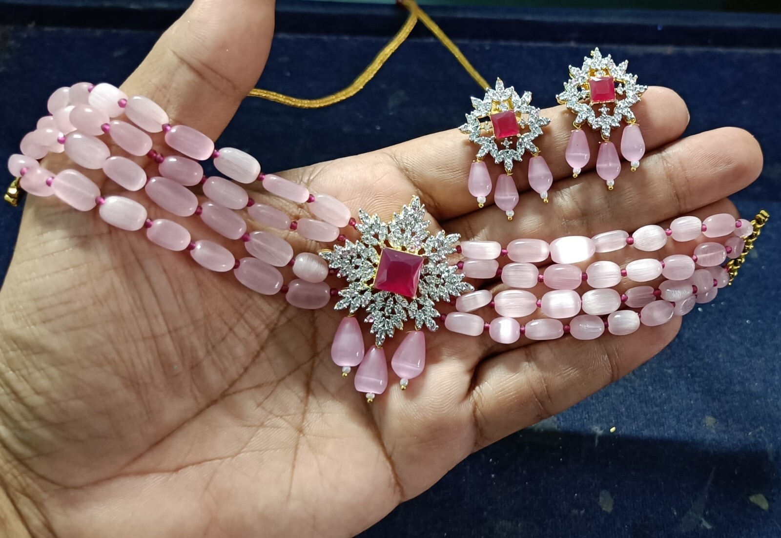 Indian Bollywood Style Bridal Pink Pearl Choker Gold Finish Jewelry Necklace Set