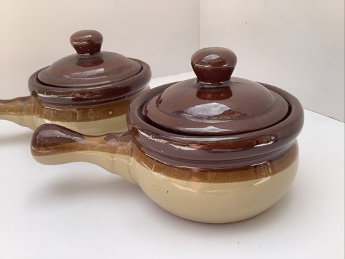2 Vintage 60s Pottery Onion Soup Bean Pots With Lid Handle Brown Mid Century - Picture 3 of 11