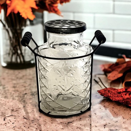 Rustic Glass Jar Vase in Metal Stand with Frog Lid 7 1/2" H