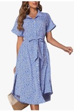 Soly Hux Size XL Light Blue Distsy Floral  Shirt Dress Short Sleeve Collar Tie