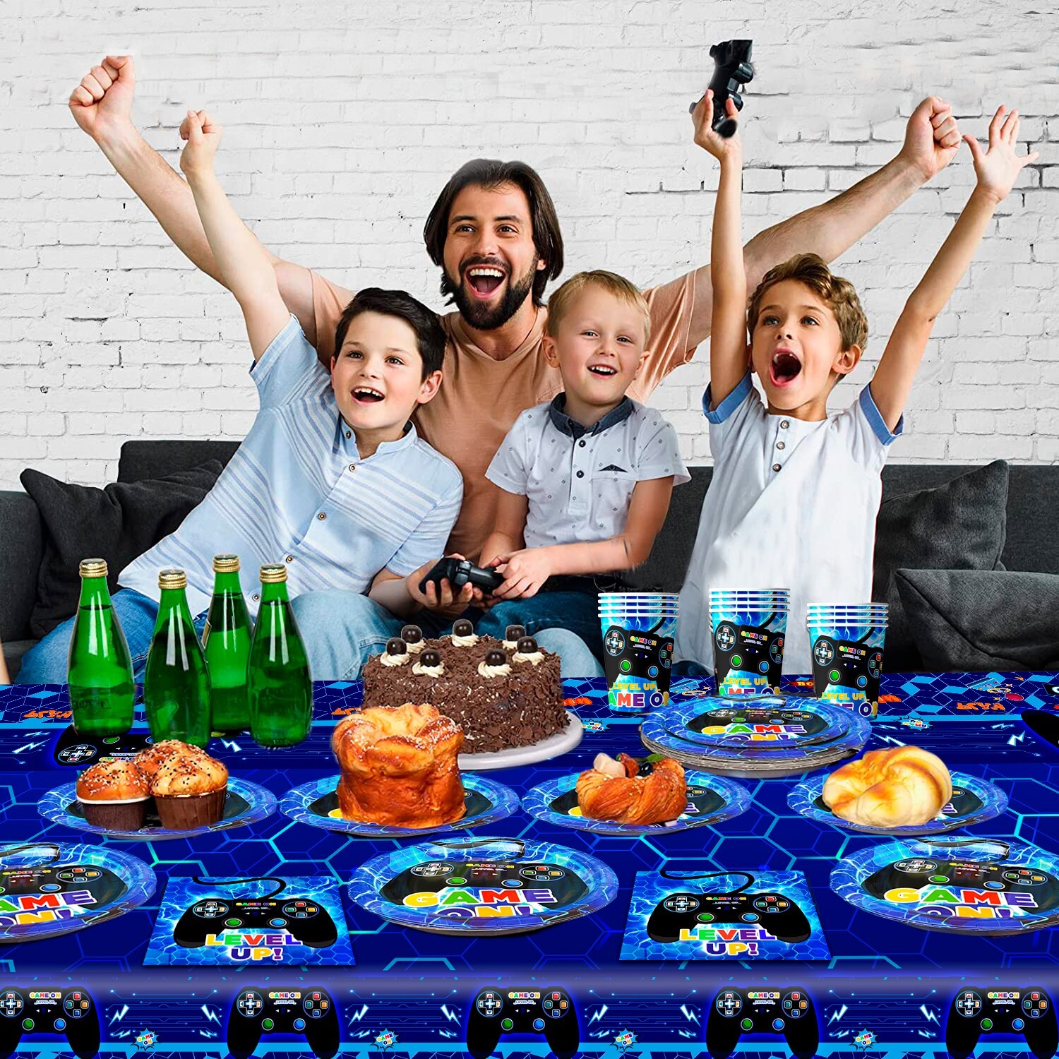 Gaming Birthday Decorations Blue, Gaming Birthday Party Tableware Set Serves 20