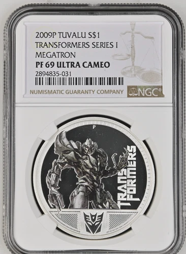 1 DOLLAR 2009 TUVALU TRANSFORMERS SERIES I MEGATRON SILVER PROOF NGC PF69