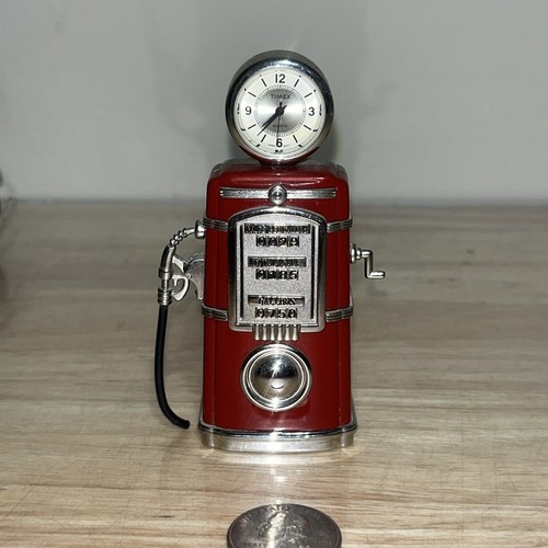 Timex Collectible Mini Clock Gas Pump Silver Red Tested Working New Battery RARE