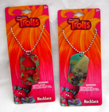 2 Trolls Poppy Guy Diamond 2"H Dog Tag Pendents on 18" Ball Chain Necklaces-New