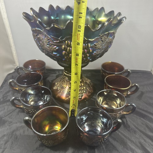 ANTIQUE NORTHWOOD GRAPE AND CABLE CARNIVAL GLASS 10 PC PUNCH SET 8 Cups Vintage - Picture 2 of 24