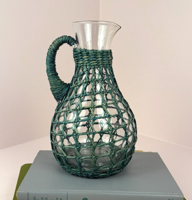 Vintage  Glass Pitcher Teal Wicker Wrap Green Rattan BOHO Coastal 8'' Tall