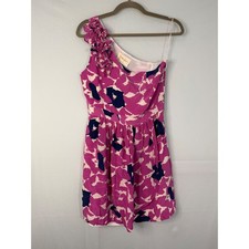 Yumi Kim One Shoulder Silk Dress Women M Pink Navy Floral Ruffle SM105-B31