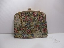 Vintage Floral Tapestry Purse Clutch w/Gold Tone Chain Strap Kiss Lock