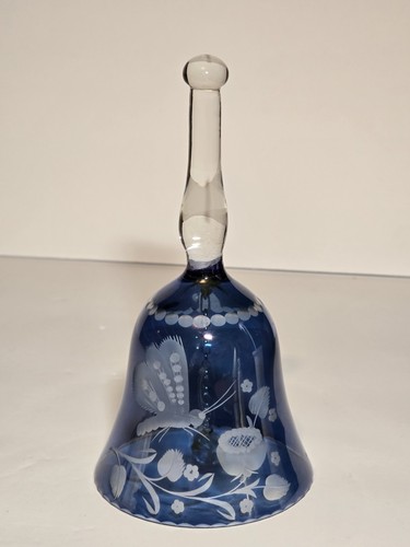 Bohemia Glass Blue Bell Etched Butterfly Signed King 6" Vintage
